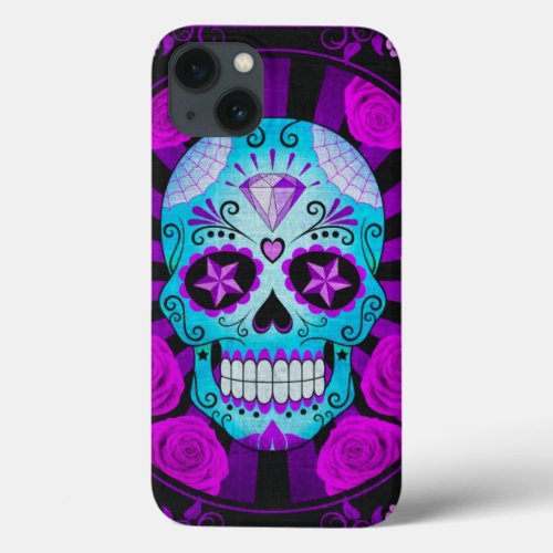 Vintage Blue and Purple Sugar Skull with Roses iPhone 13 Case