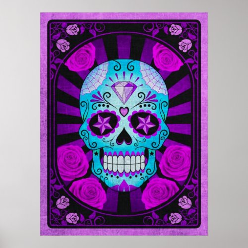 Vintage Blue and Purple Sugar Skull with Roses Poster