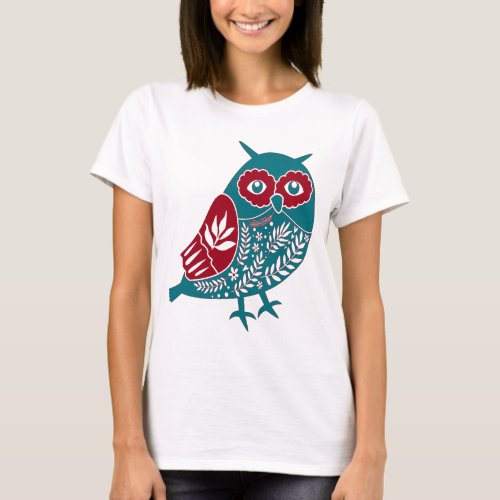 Vintage Blue and Red Holiday Owl Bird T_Shirt