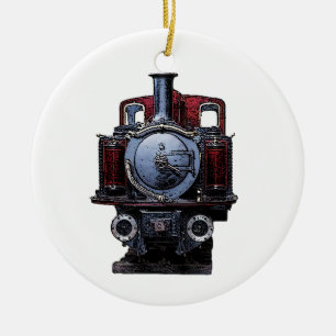 Vintage Blue and Red Train Locomotive Drawing Ceramic Ornament