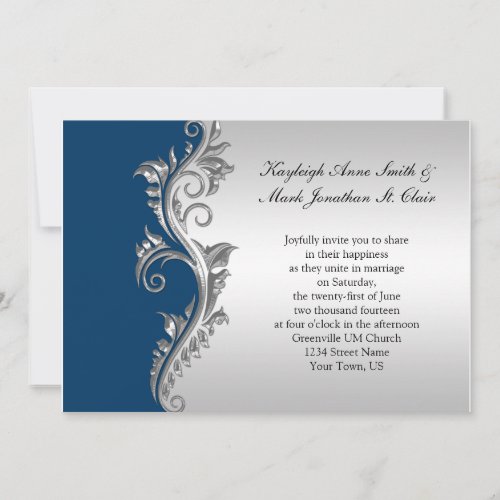 Vintage Blue and Silver Wedding Invitation