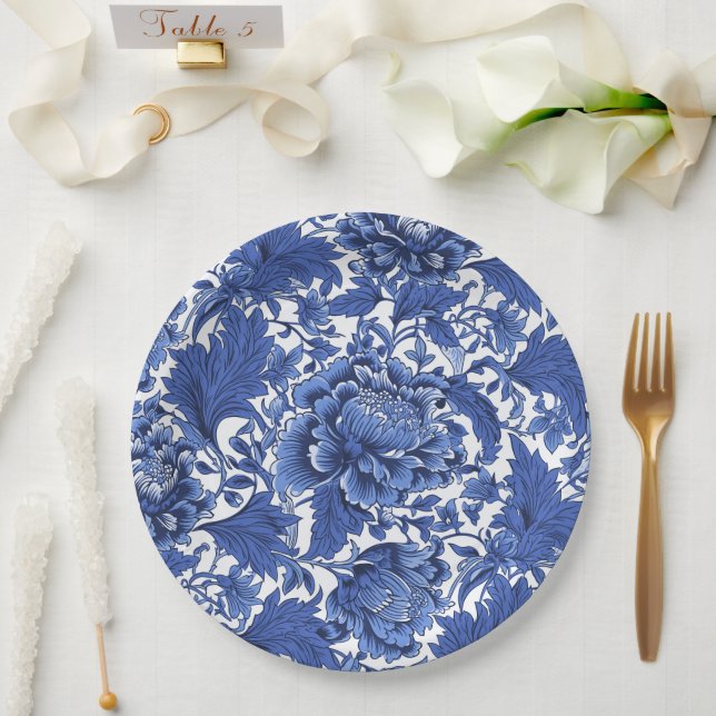Vintage Blue and White Chintz Traditional Paper Plates (Wedding)
