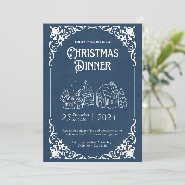 Vintage Blue and White Christmas Dinner Template (Standing Front)