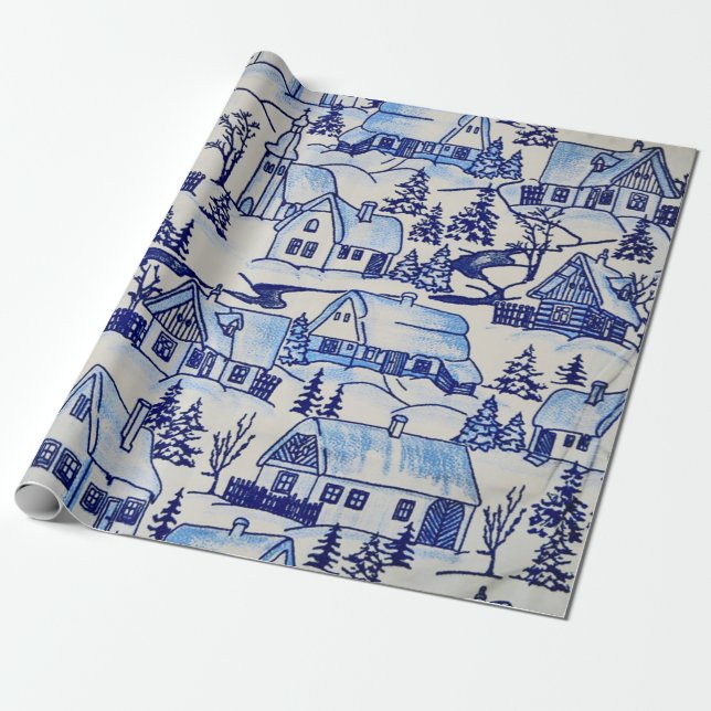 Vintage, Blue and White, Christmas Wrapping Paper (Unrolled)