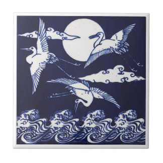 Vintage Blue and White Cranes with Waves and Moon Ceramic Tile