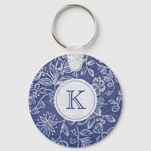 Vintage Blue and White Floral Monogrammed Keychain