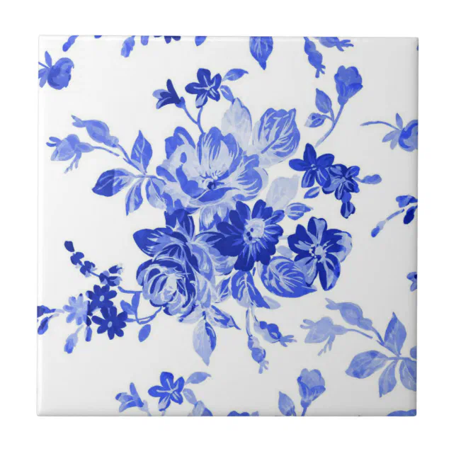 Vintage Blue and White Floral Pattern Ceramic Tile | Zazzle