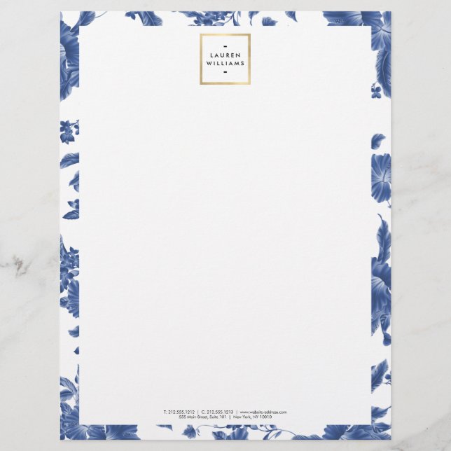 Vintage Blue and White Floral Pattern Letterhead (Front)