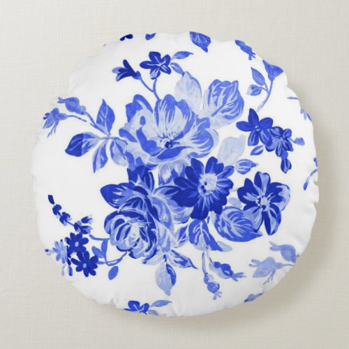Vintage Blue and White Floral Pattern Round Pillow