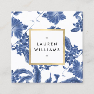 Vintage Blue and White Floral Pattern Square Business Card