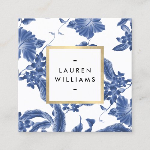 Vintage Blue and White Floral Pattern Square Business Card