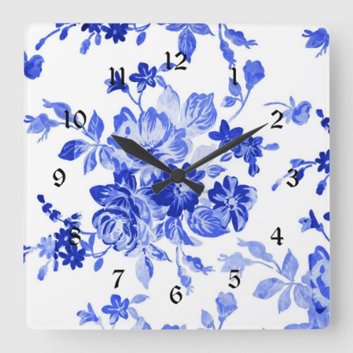 Vintage Blue and White Floral Pattern Square Wall Clock