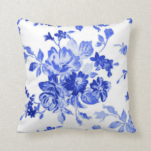 Vintage Blue and White Floral Pattern Throw Pillow