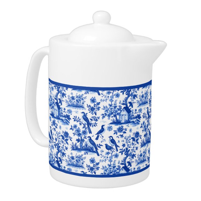 Vintage Blue and White French Floral Teapot (Left)