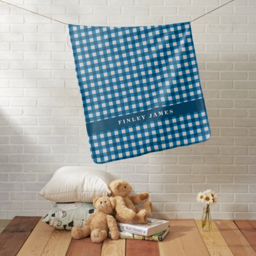 Vintage Blue and White Gingham Plaid Personalized  Baby Blanket