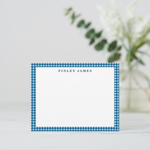 Vintage Blue and White Gingham Plaid Personalized  Note Card