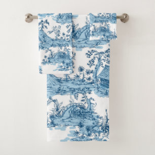 Vintage Blue and White Pagoda Chinoiserie Bath Towel Set