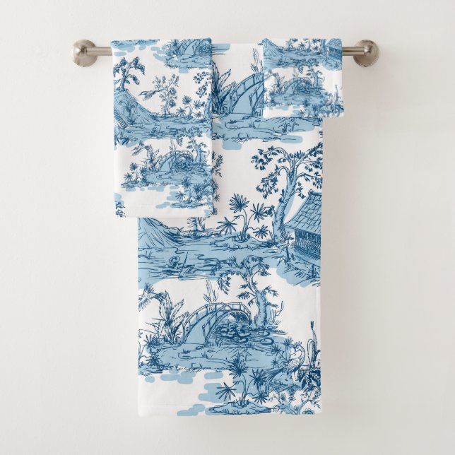 Vintage Blue and White Pagoda Chinoiserie Bath Towel Set (Insitu)