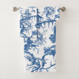 Vintage Blue and White Pagoda Chinoiserie Bath Towel Set