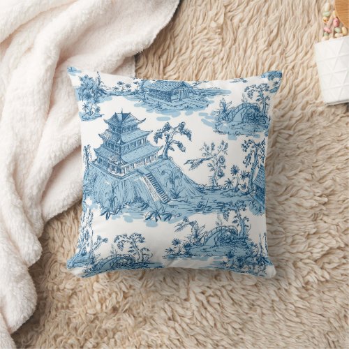 Vintage Blue and White Pagoda Chinoiserie Throw Pillow