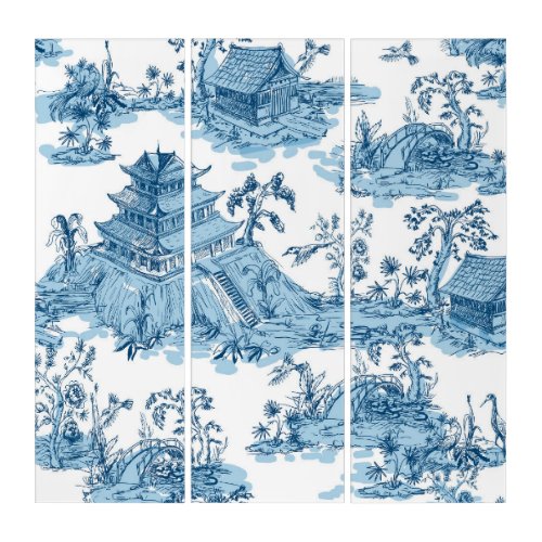 Vintage Blue and White Pagoda Chinoiserie Triptych