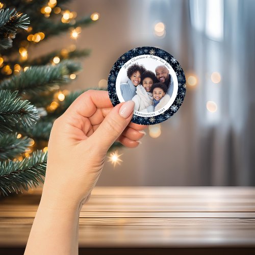 Vintage Blue and White Snowflakes Christmas Photo Classic Round Sticker