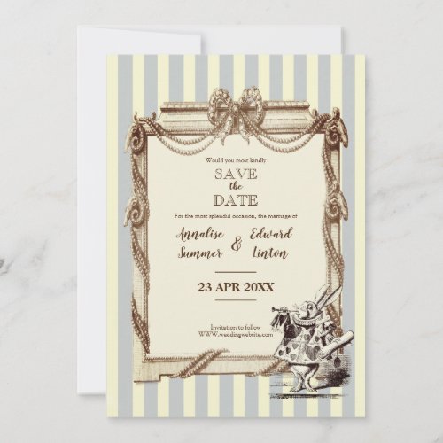 Vintage blue and white striped Alice in Wonderland Save The Date