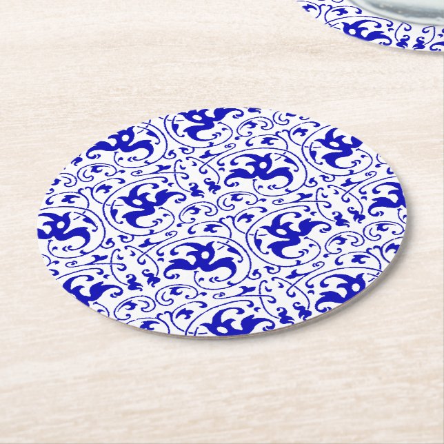 Vintage Blue and White Swirl Round Paper Coaster (Angled)