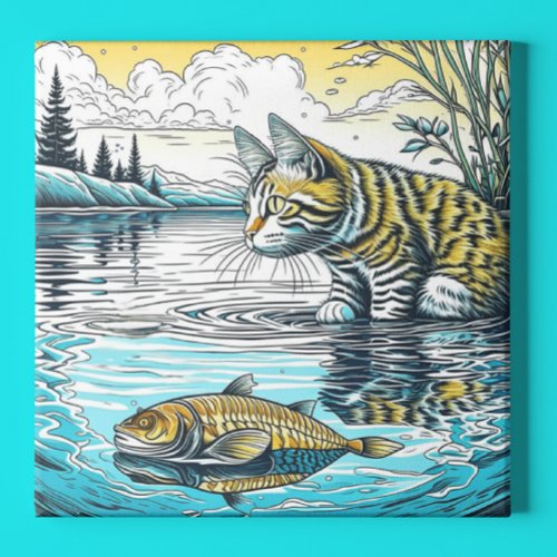 Vintage Blue and Yellow Cat and Fish Games Ai Art