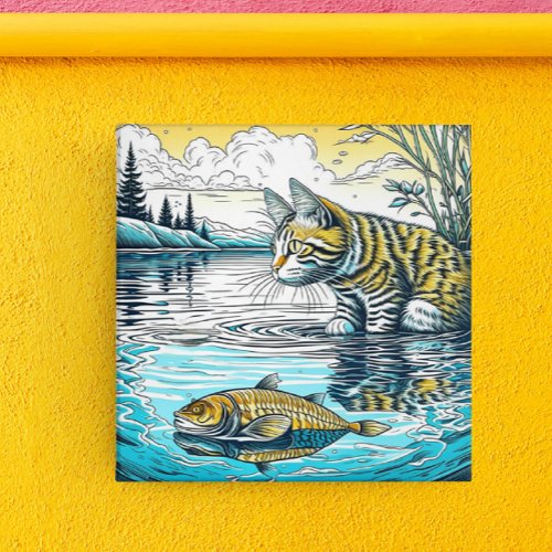 Vintage Blue and Yellow Cat and Fish Games Ai Art