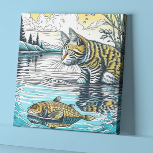 Vintage Blue and Yellow Cat and Fish Games Ai Art Canvas Print