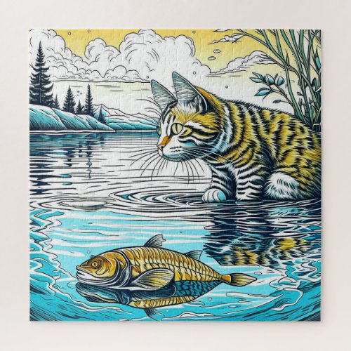 Vintage Blue and Yellow Cat and Fish Games Ai Art Jigsaw Puzzle