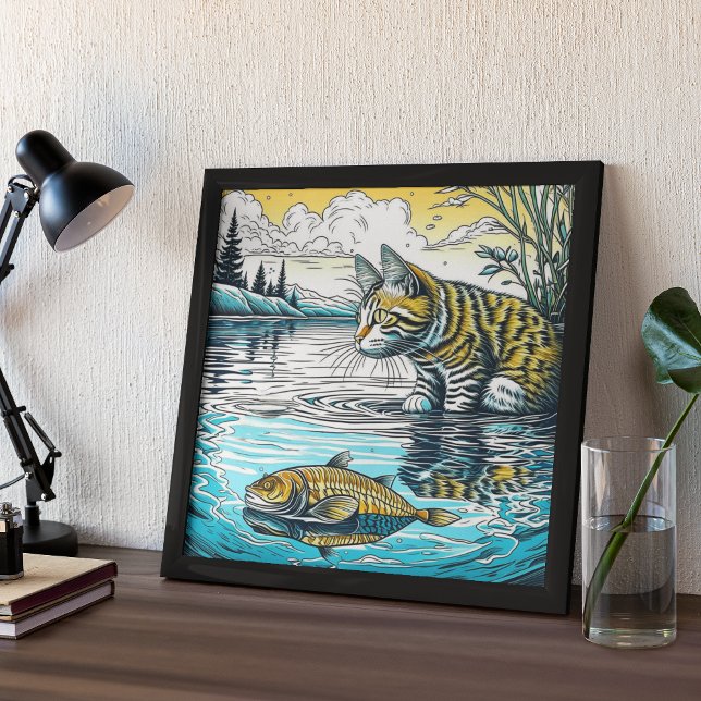 Vintage Blue and Yellow Cat and Fish Games Ai Art Poster (Creator Uploaded)