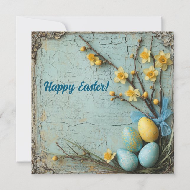 Vintage blue and yellow Easter eggs and daffodils Holiday Card (Front)