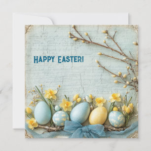 Vintage blue and yellow Easter eggs and daffodils Holiday Card