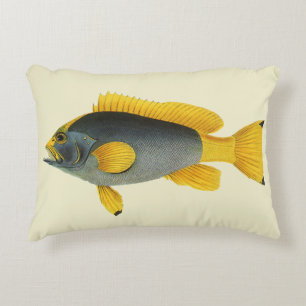 Vintage Blue and Yellow Grouper Fish, Marine Life Accent Pillow