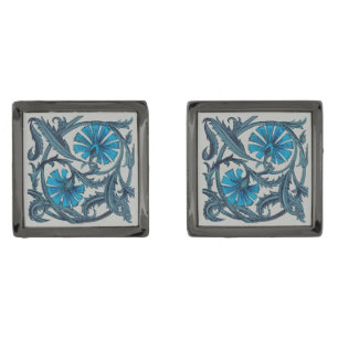 Vintage Blue Antique Flower art rustic Tile Decor Cufflinks