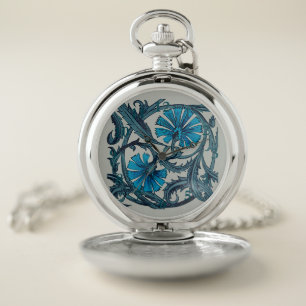 Vintage Blue Antique Flower art rustic Tile Decor Pocket Watch