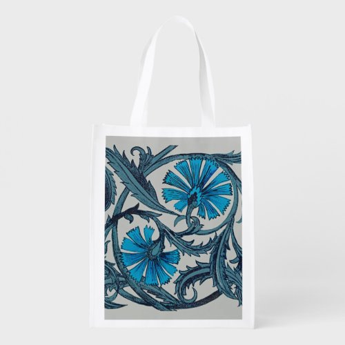 vintage blue antique flower graphic art design grocery bag