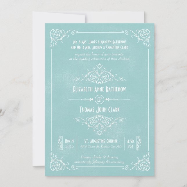 Vintage Blue Art Deco Wedding Invitations (Front)