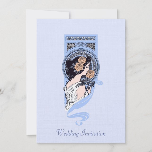 Vintage blue art nouveau beauty wedding invitation (Front)