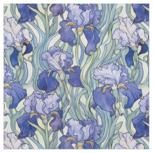 Vintage blue art nouveau iris fabric