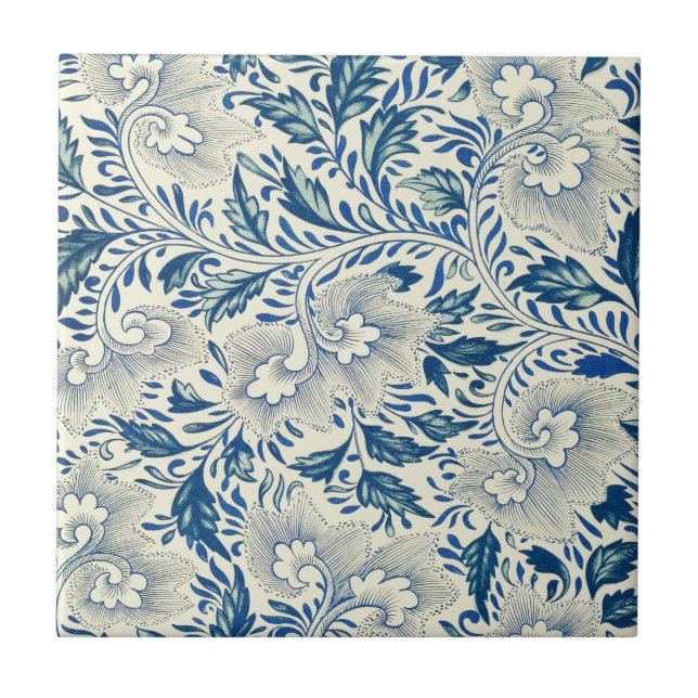 Vintage Blue Asian Floral: Antique Chinoiserie Ceramic Tile (Front)