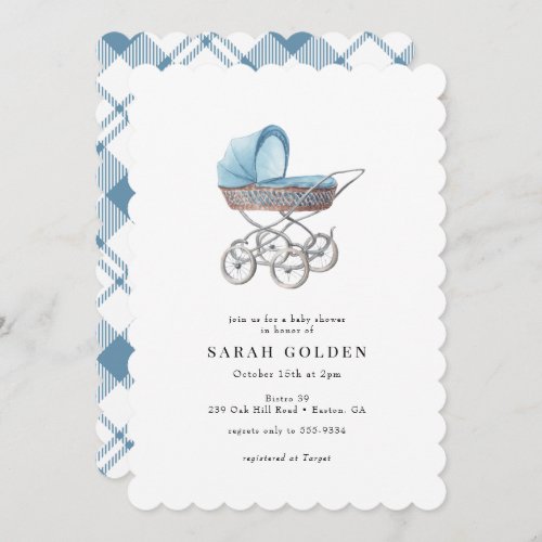 Vintage Blue Baby Carriage Boy Baby Shower Invitation