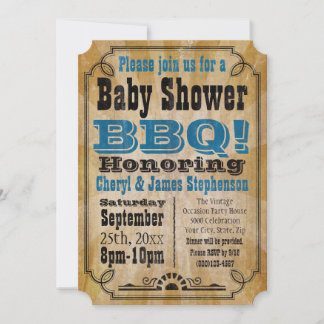 Vintage Blue Baby Shower BBQ Barbeque Baby-Q Invitation