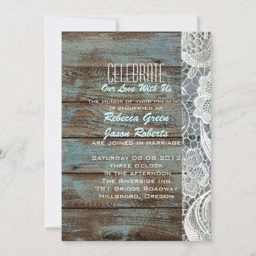 vintage blue barn wood lace country wedding invitation