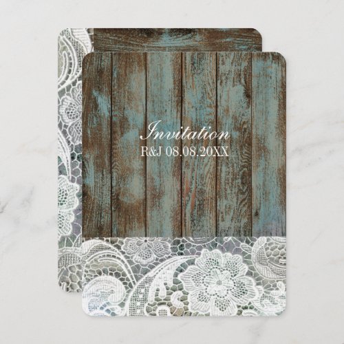 vintage blue barn wood lace country wedding invitation