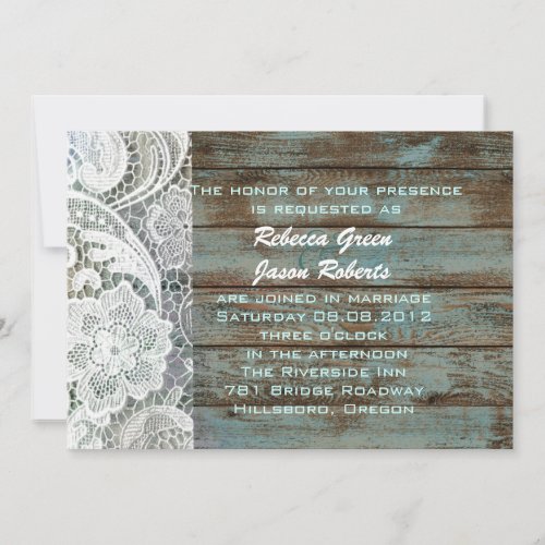 vintage blue barn wood lace country wedding invitation