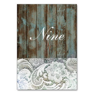 vintage blue barn wood lace country wedding table number