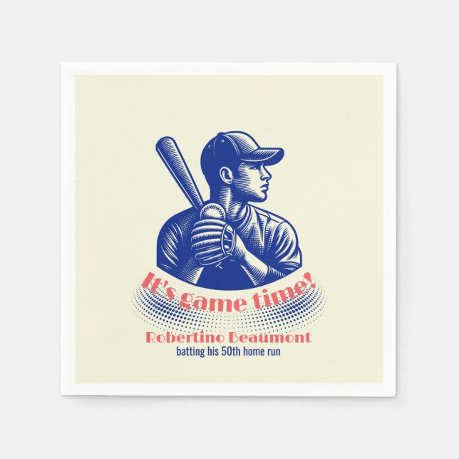 Vintage Blue Baseball Player Men's 50th Birthday Napkins (Front)
